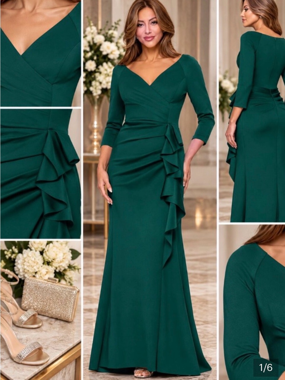 Xscape Forest Green Ruffle Wrap Gown - Women